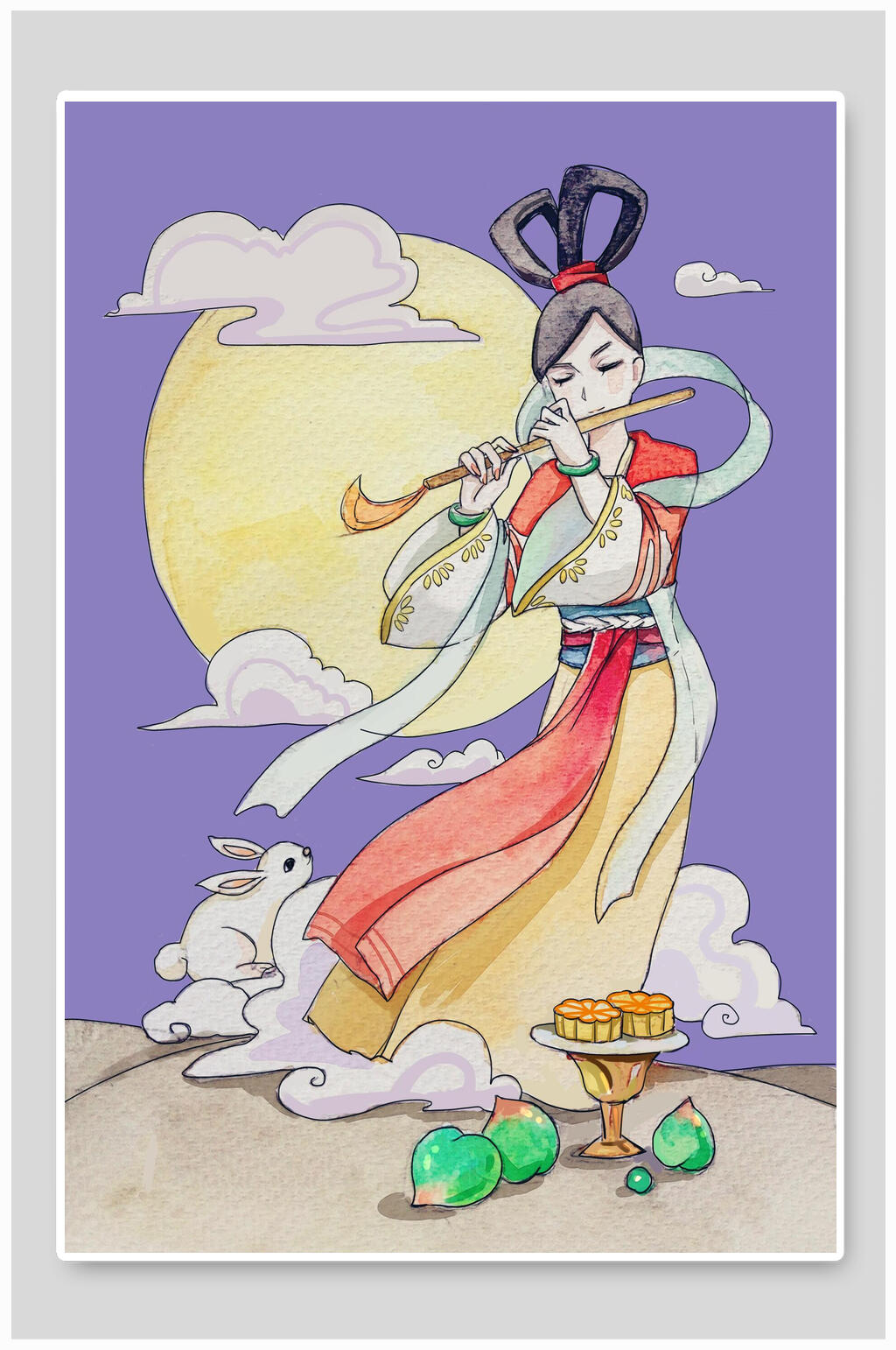 手绘风嫦娥玉兔中秋节插画素材