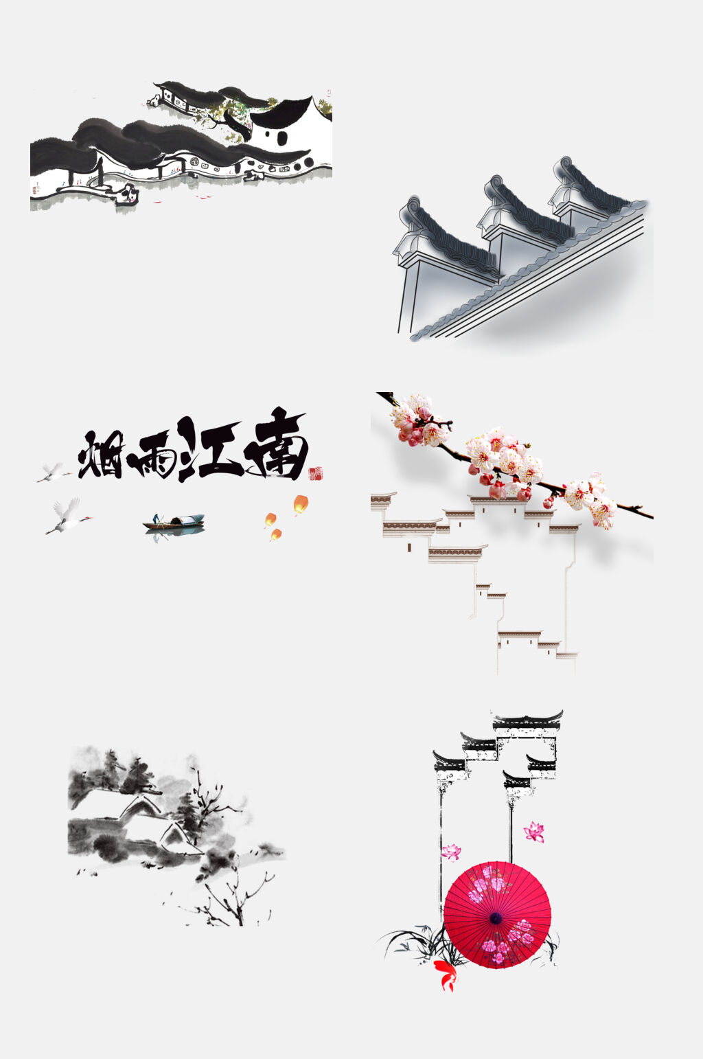 烟雨江南水乡徽派建筑设计元素素材