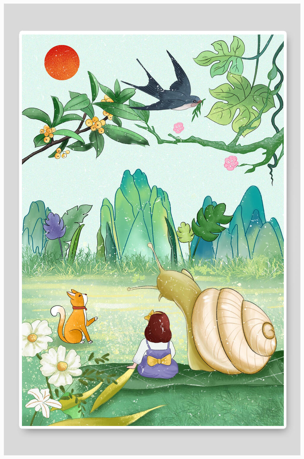 清新花鸟山水春分节气插画素材素材