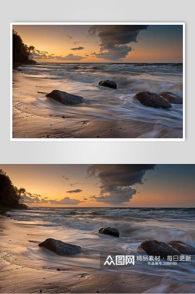 海边浪花岩石夕阳黄昏高清摄影图片素材