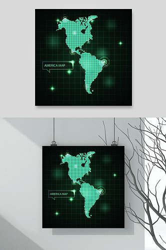 深绿色扁平化世界地图矢量背景素材