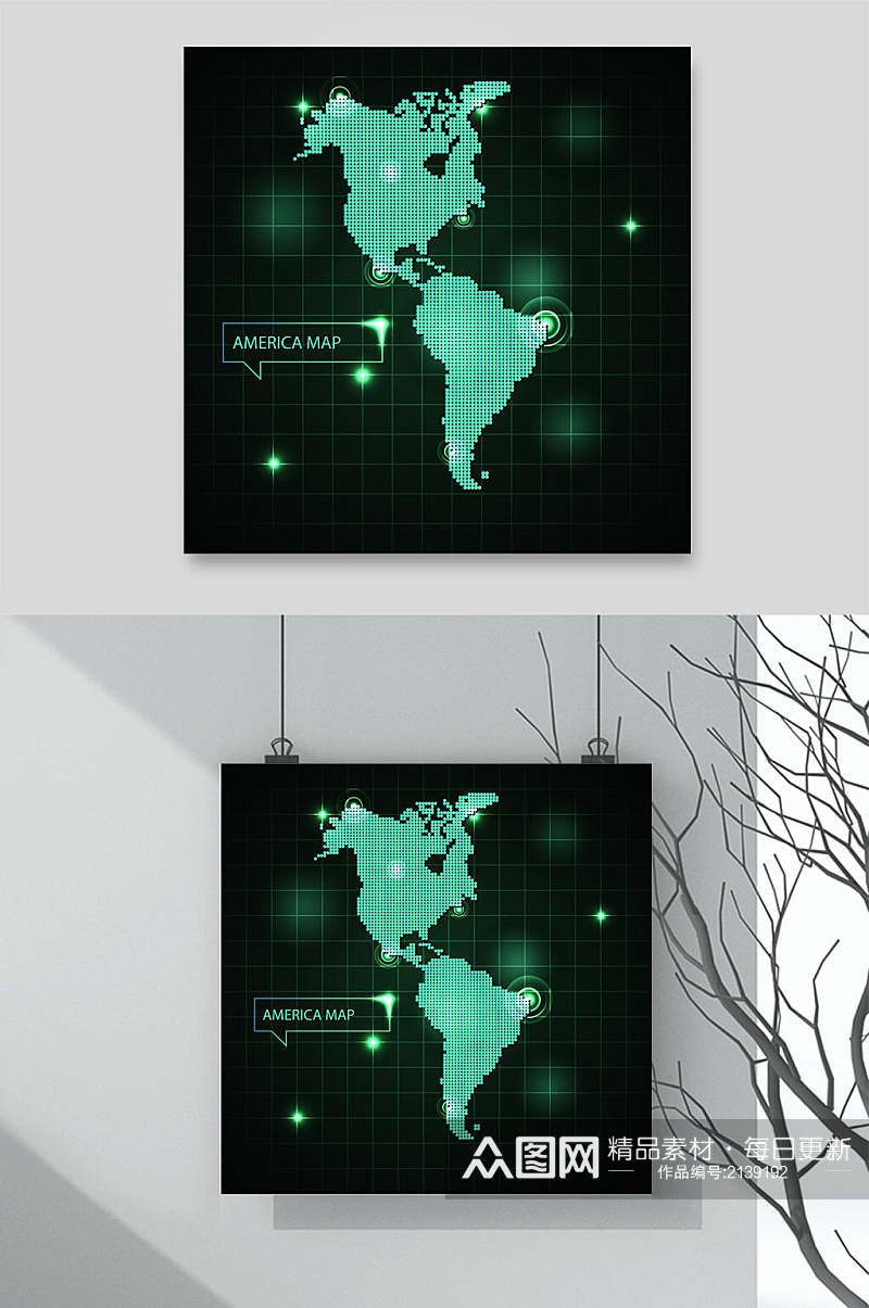 深绿色扁平化世界地图矢量背景素材素材
