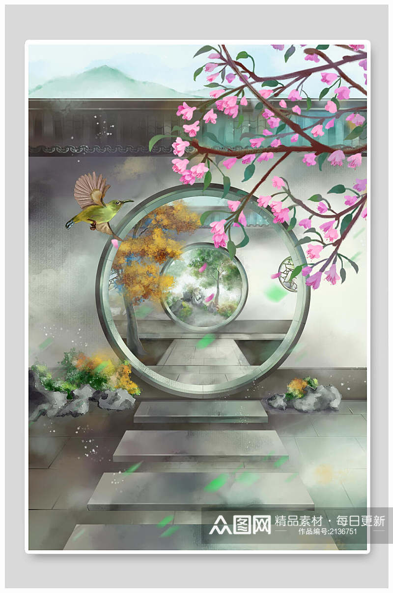 中国风水墨花鸟庭院背景插画素材素材