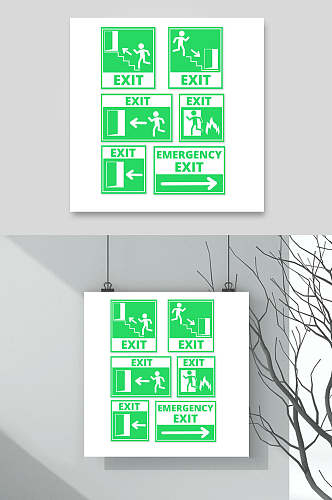 简洁安全出口入口绿色指示牌设计元素
