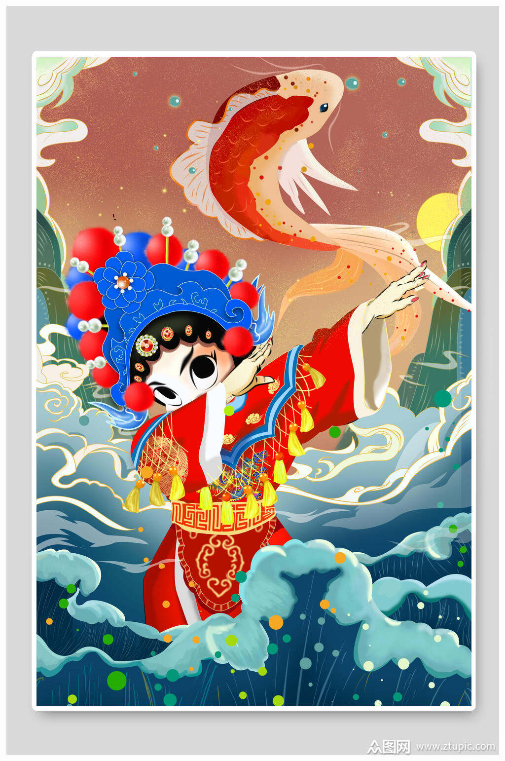 国潮风京剧戏曲人物插画