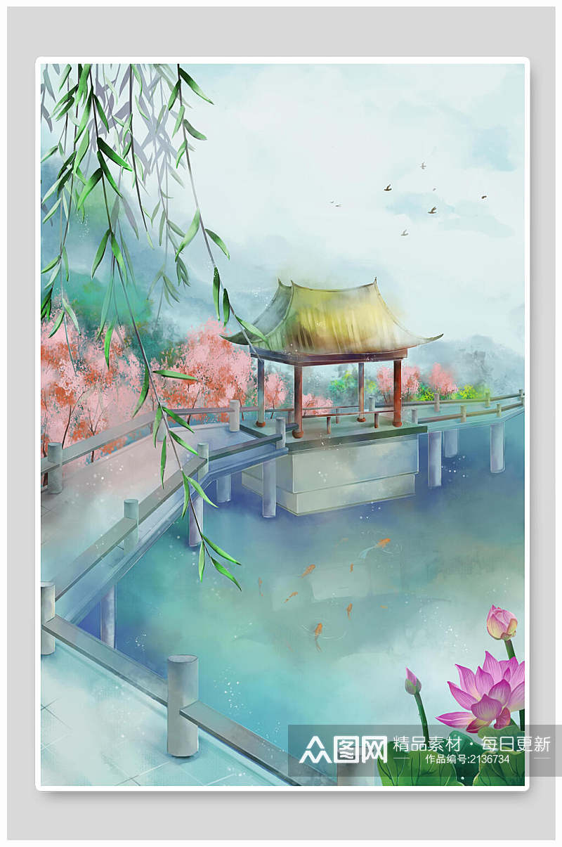 中国风水彩庭院背景插画素材素材