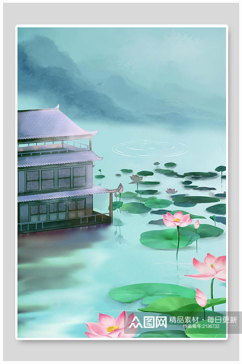 中国风荷花庭院背景插画素材素材