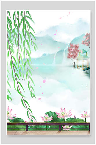 绿色中国风庭院荷塘背景插画