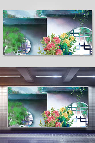 中国风唯美水彩庭院背景插画素材