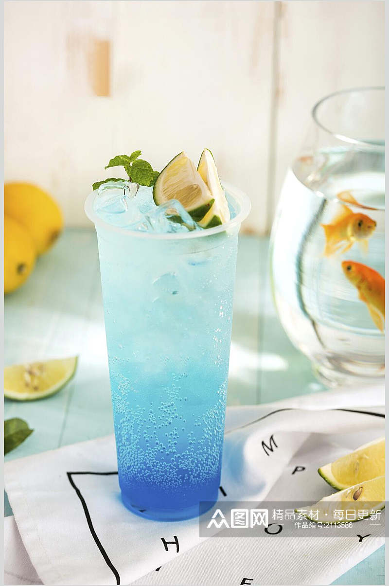 清爽蓝色柠檬水果汁奶茶图片素材