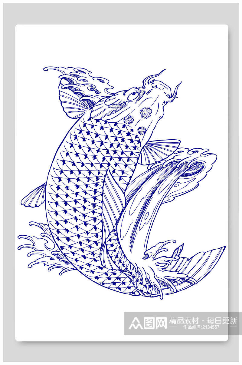 蓝色鲤鱼锦鲤线描插画素材