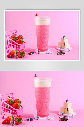 粉色草莓奶盖果汁奶茶食物摄影图片