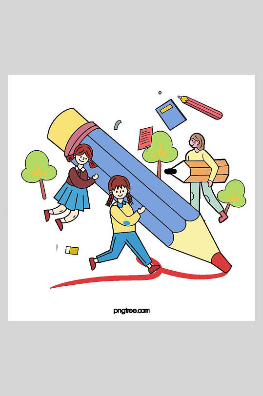 手绘风创意扛着铅笔树木开学季插画