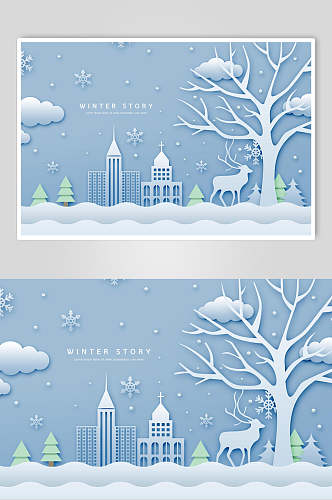 冬季都市雪景剪纸海报
