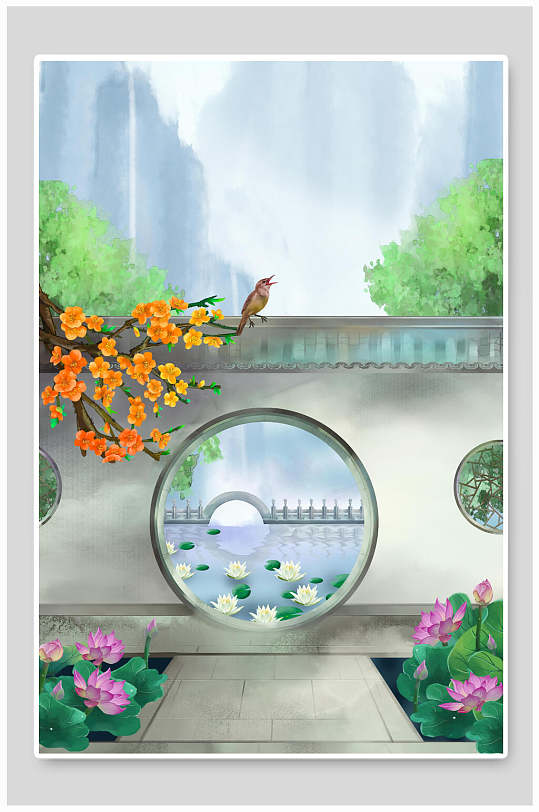 中国风古风庭院背景插画素材