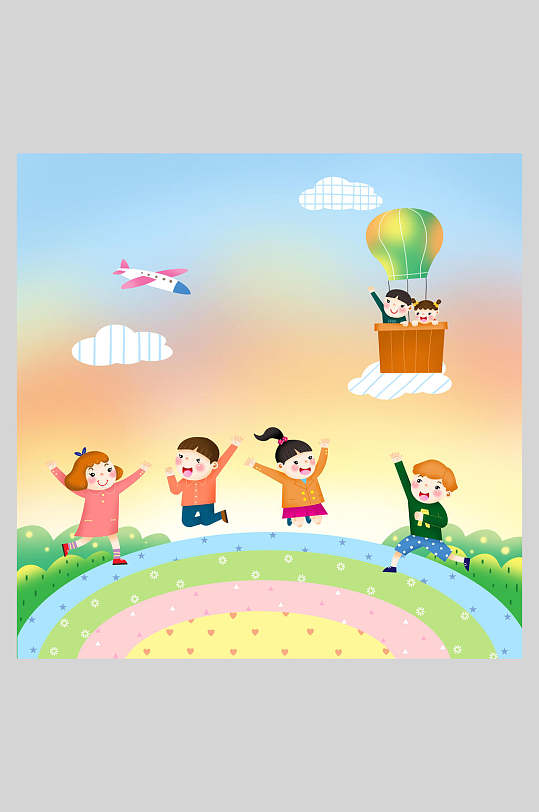 清新炫彩手绘幼儿园壁画墙插画素材