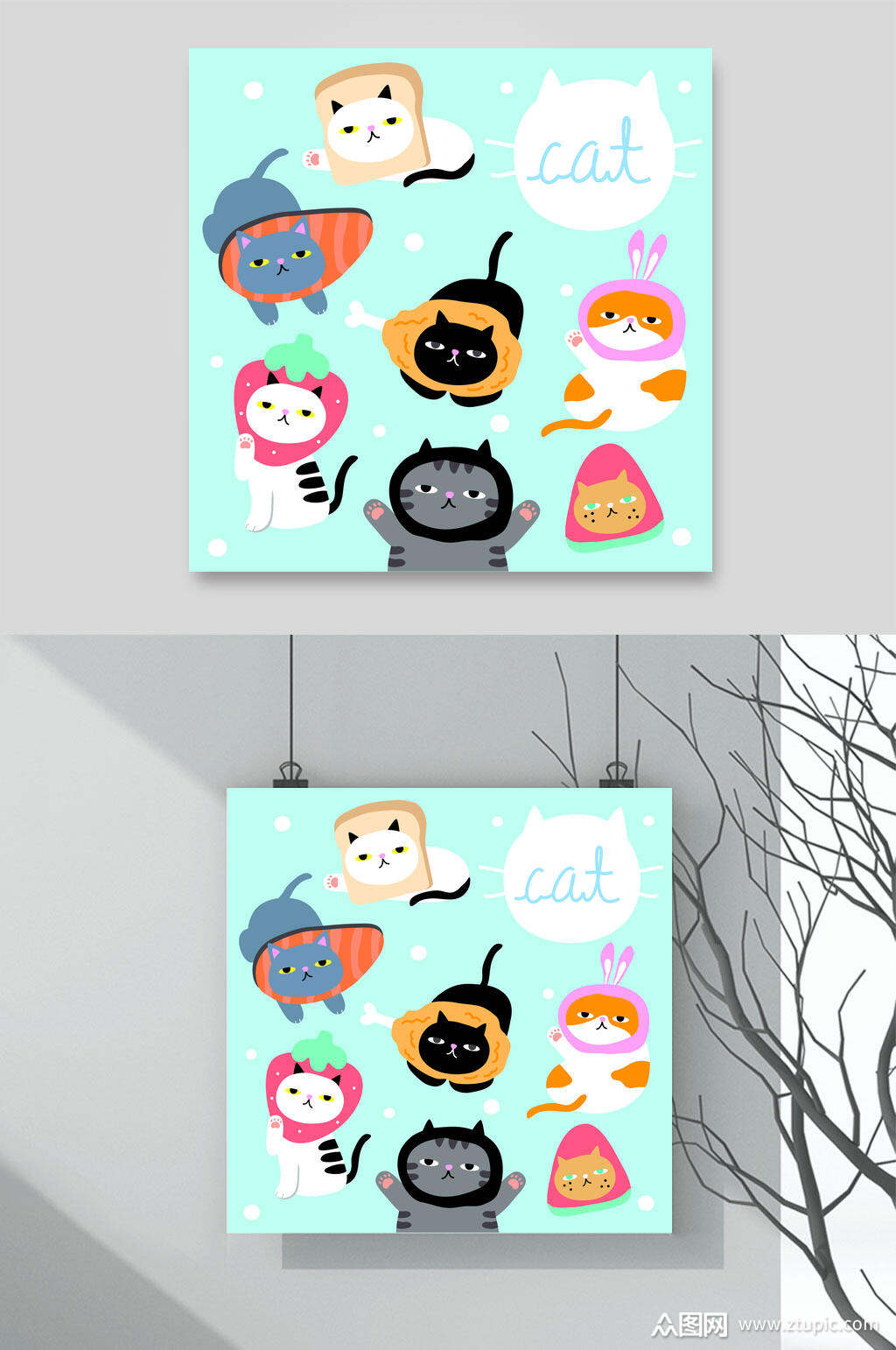 卡通二凯动物猫咪插画矢量素材模板下载-编号2144867-众图网