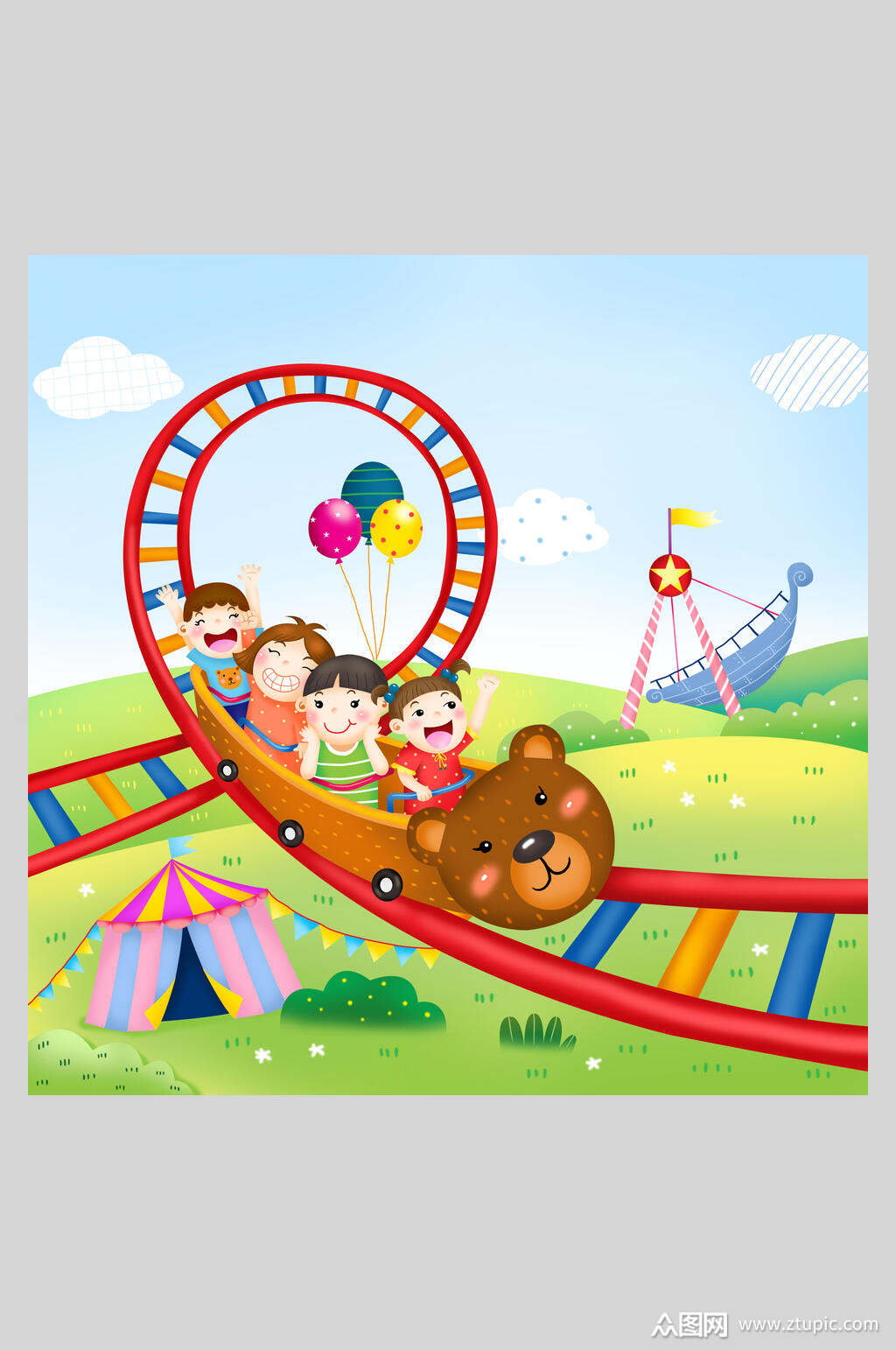 缤纷游乐园手绘幼儿园壁画墙插画素材素材