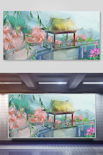 清新中国风唯美水彩庭院背景插画素材