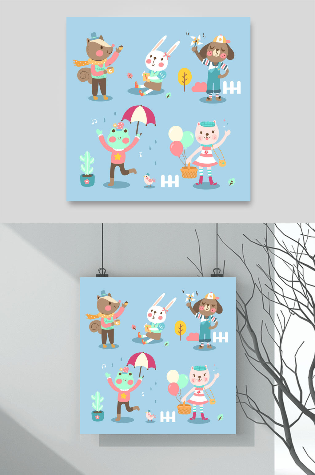 蓝色动物猫咪插画矢量素材素材
