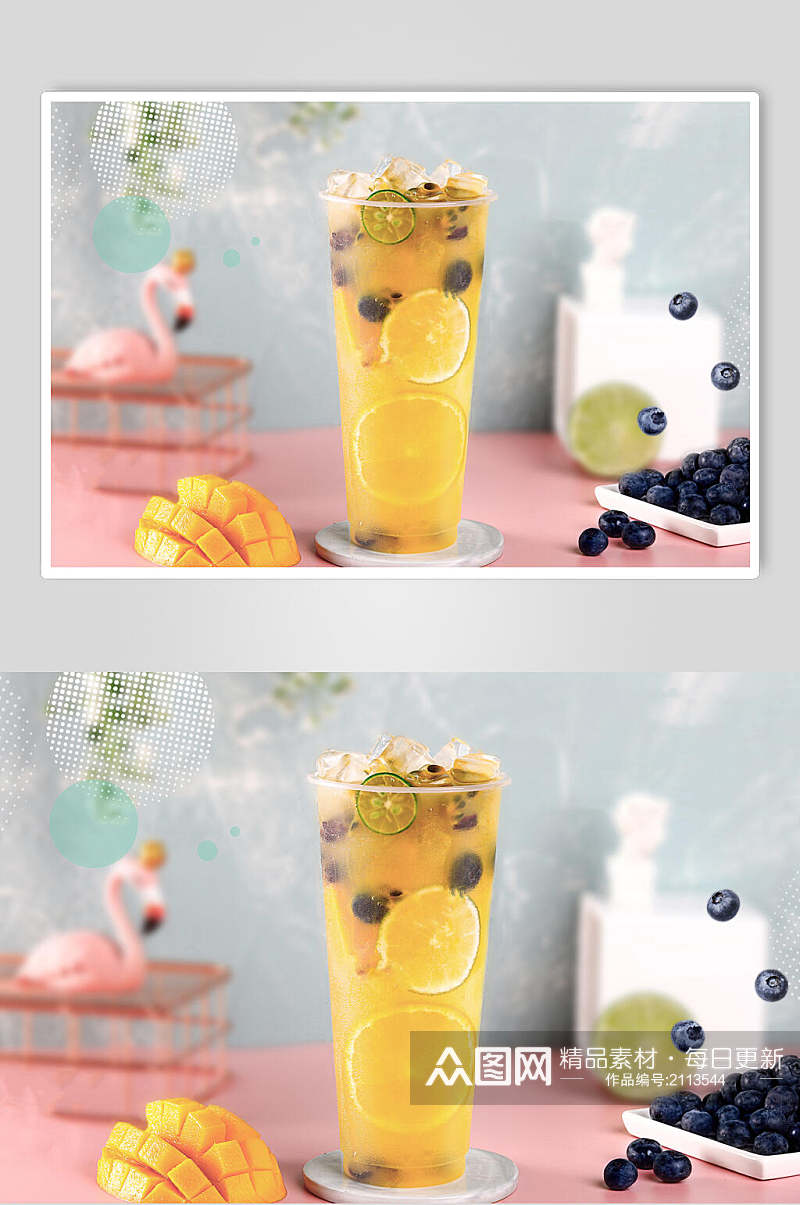 芒果蓝莓果汁奶茶图片素材