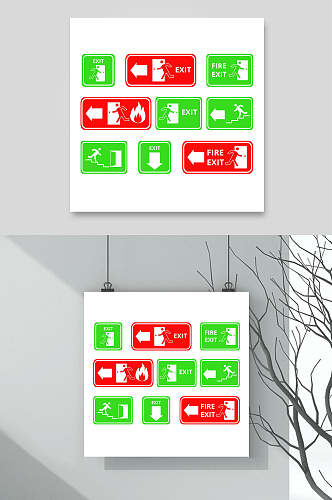 红绿色安全出口入口指示牌设计素材