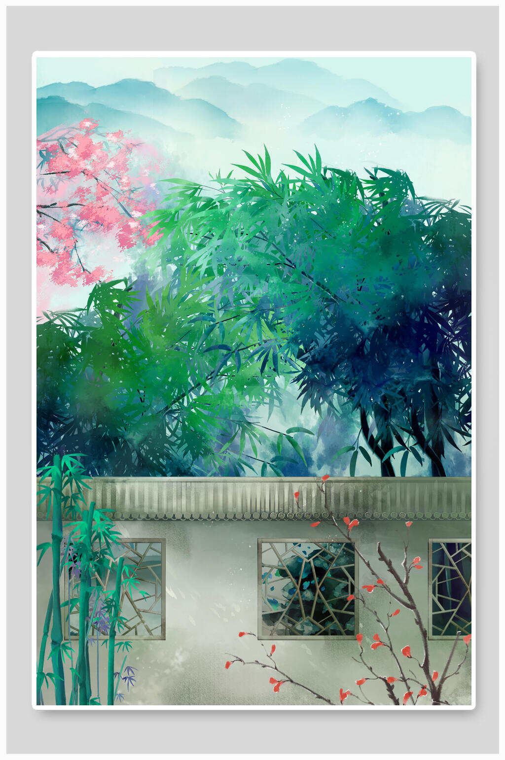 中国风绿色植物庭院背景插画素材素材