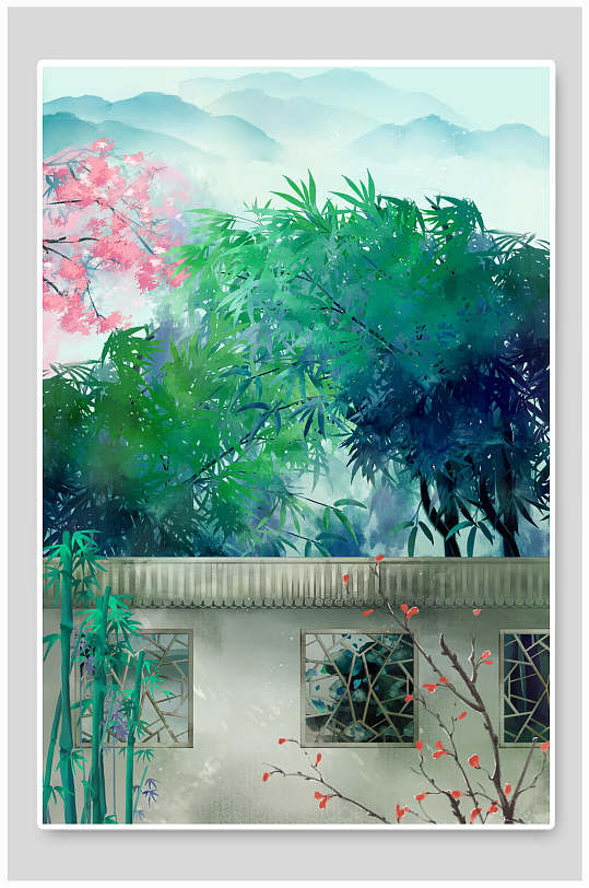 中国风绿色植物庭院背景插画素材