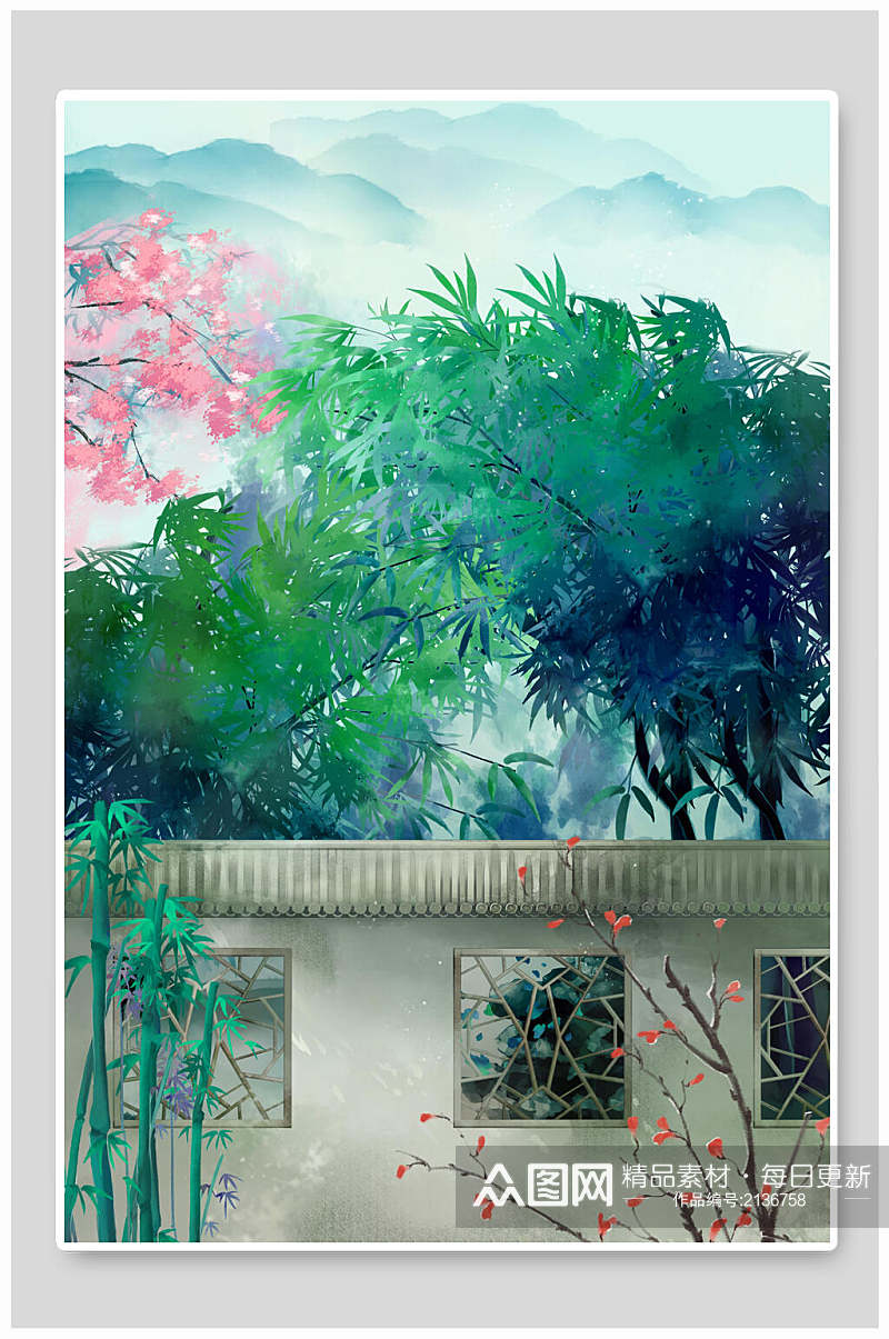中国风绿色植物庭院背景插画素材素材