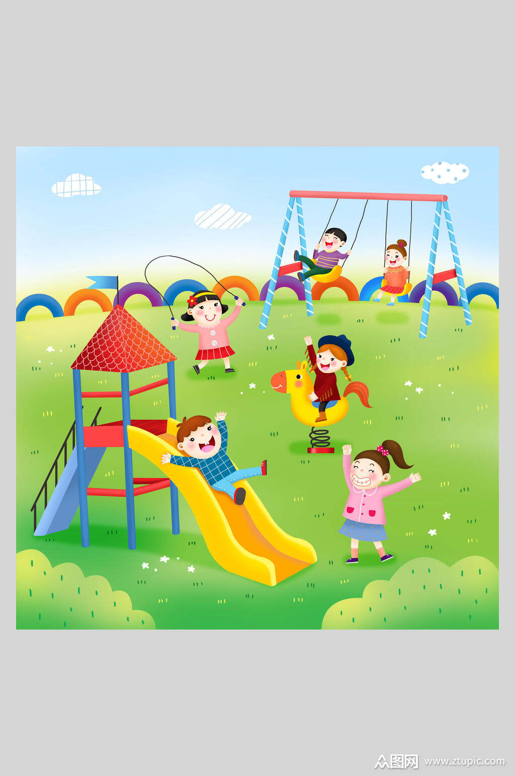 绿色游乐园手绘幼儿园壁画墙插画素材素材