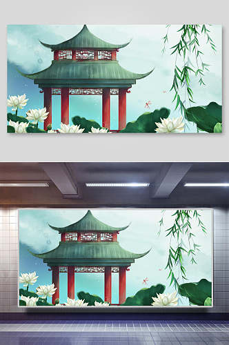 中国风荷花亭子庭院背景插画素材
