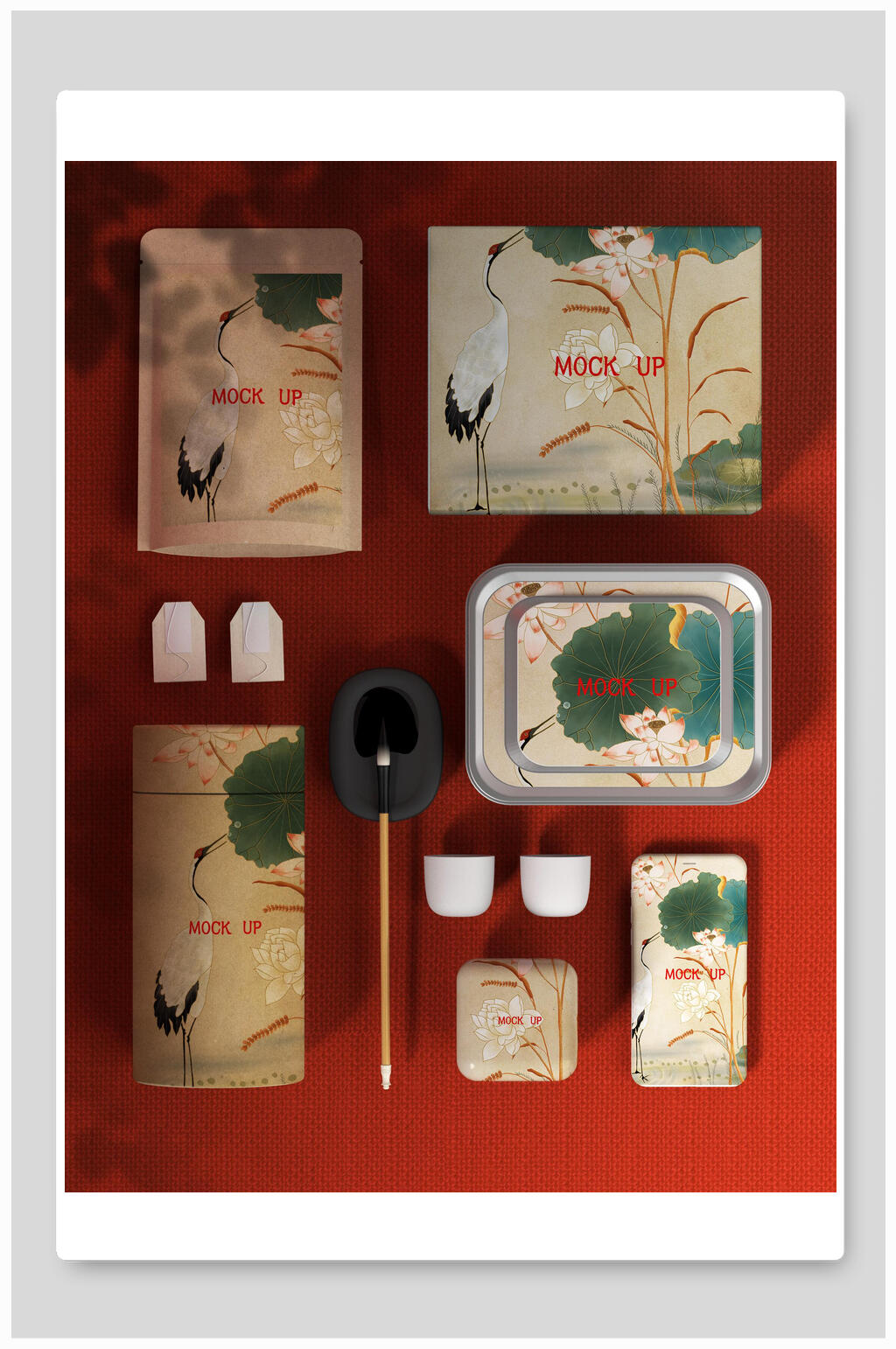 仙鹤荷花VI中式产品展示背景素材素材
