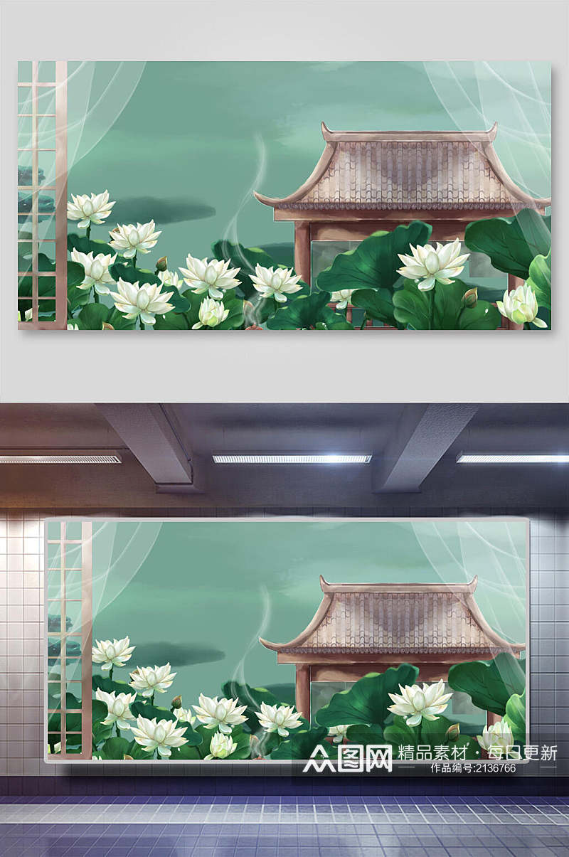 中国风白色荷花庭院背景插画素材素材