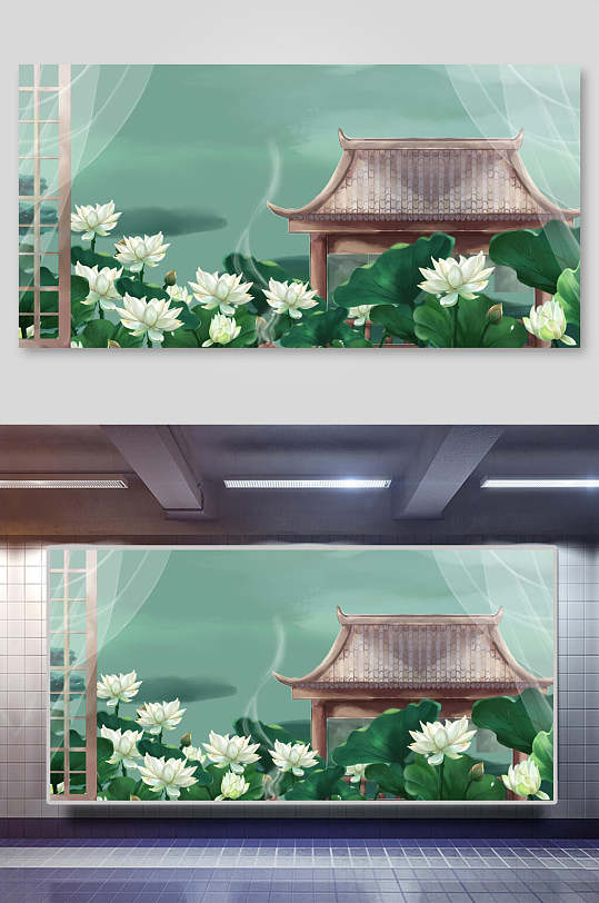 中国风白色荷花庭院背景插画素材
