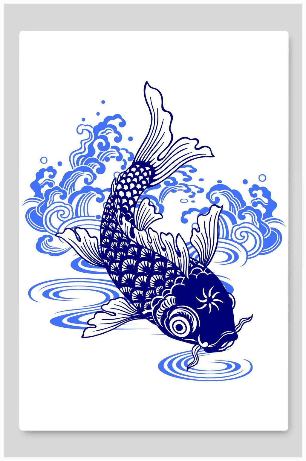 蓝色鲤鱼锦鲤线描插画