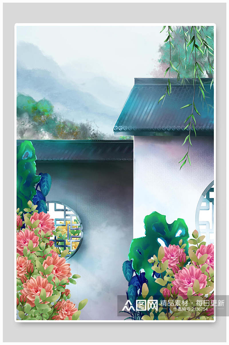 中国风水彩唯美牡丹花庭院背景插画素材素材