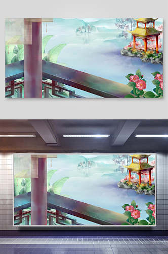 中国风水彩山水庭院背景插画素材