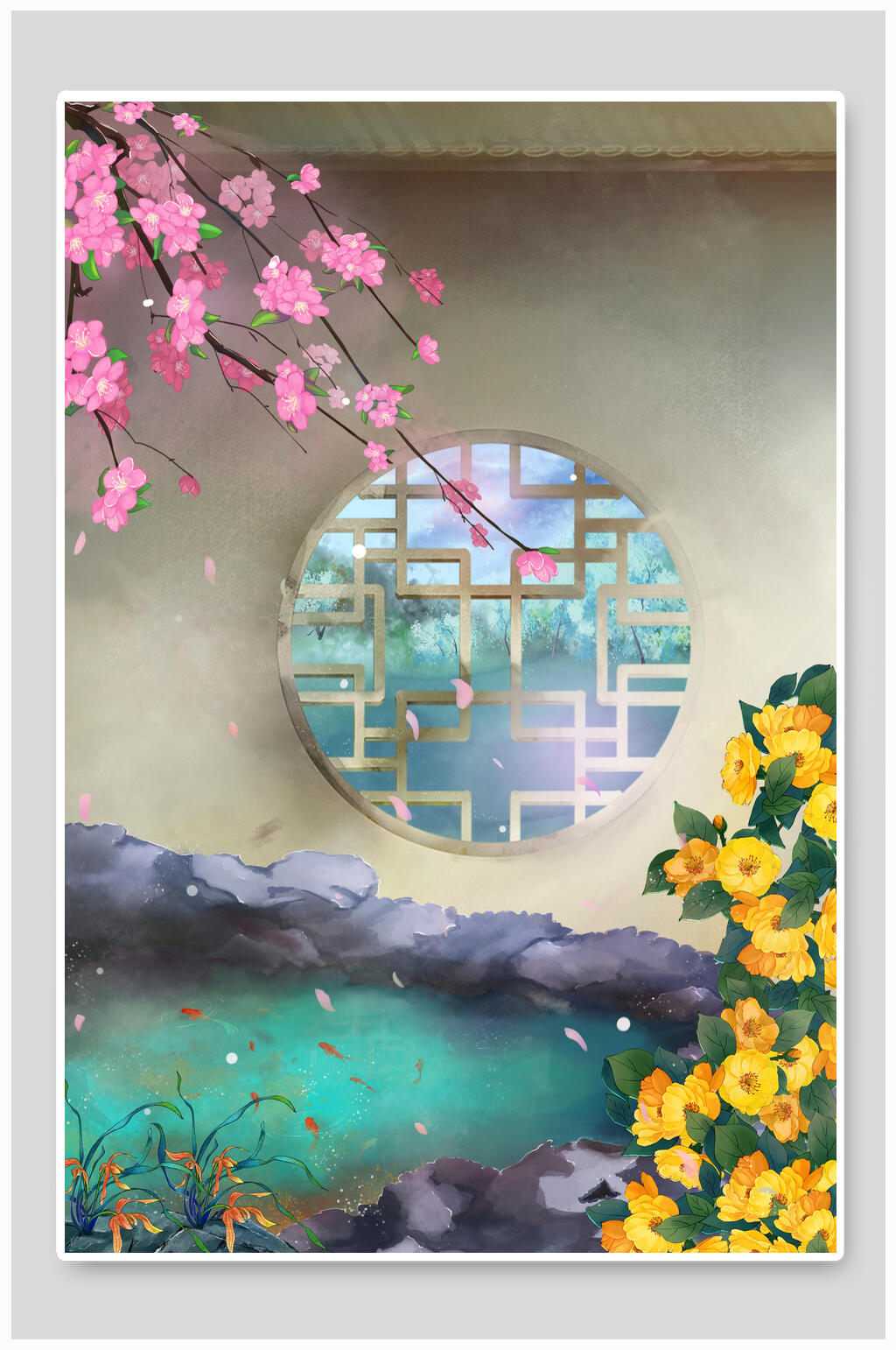 中国风花草庭院背景插画素材素材