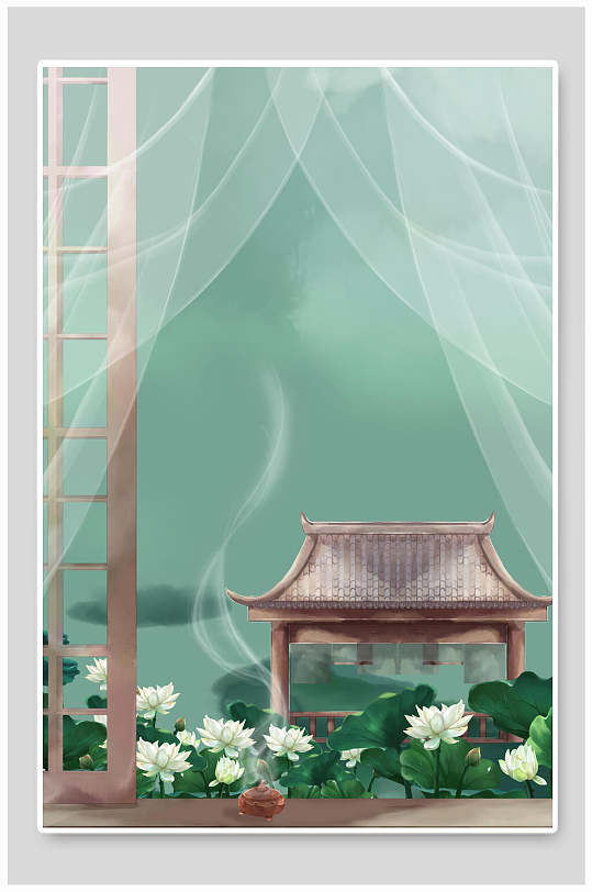 中国风庭院美丽荷塘背景插画