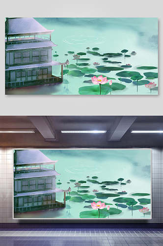 中国风荷花盛夏庭院背景插画素材
