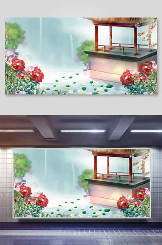 中国风花卉庭院背景插画素材