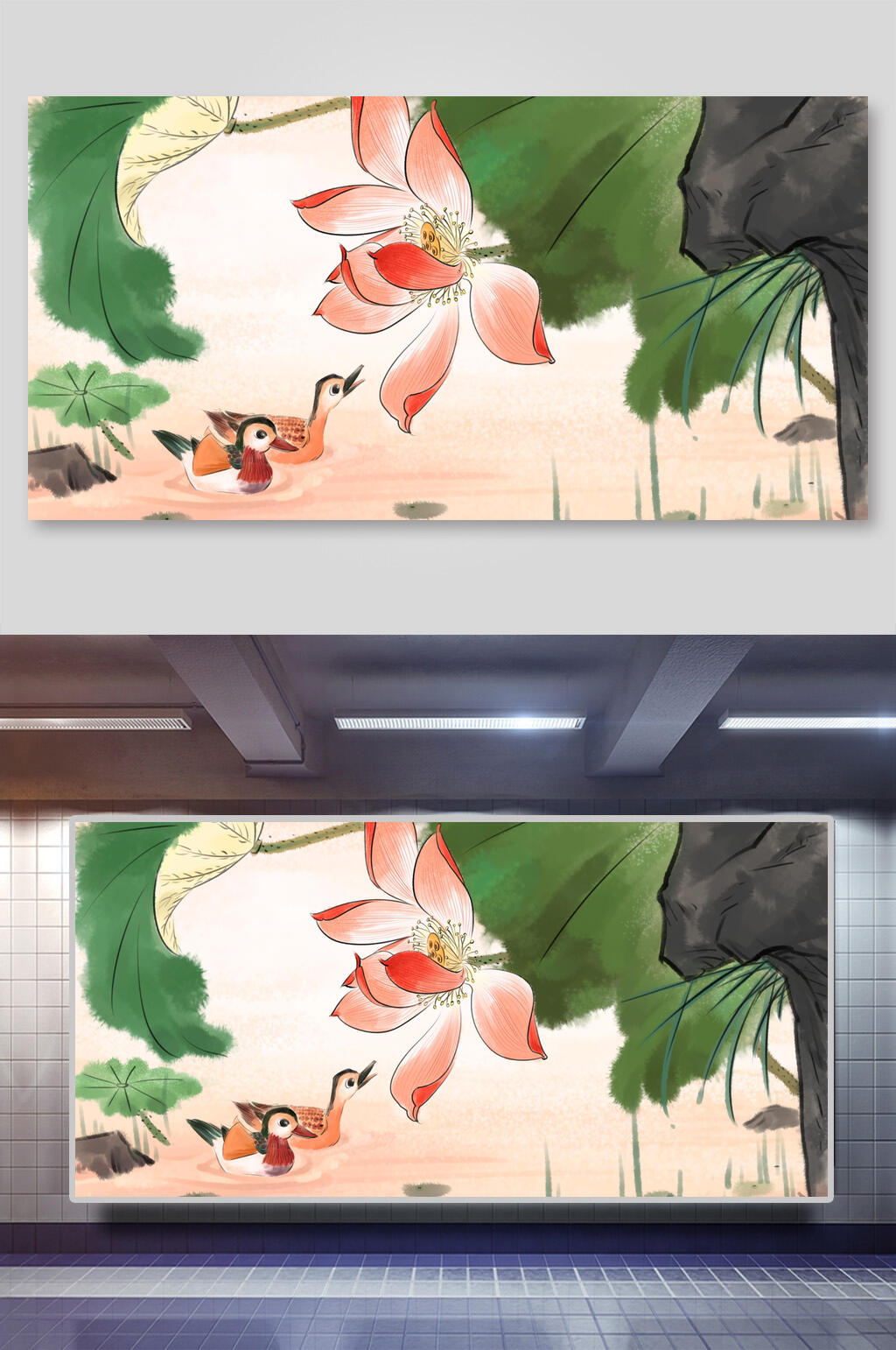 水墨鸭子荷花背景素材素材