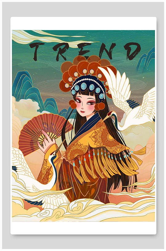 中国风京剧扇子国潮风戏曲人物插画
