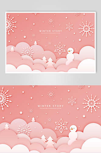 粉色雪人浪漫冬季剪纸海报