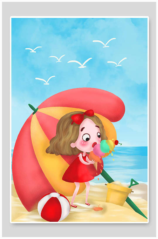 蓝黄色沙滩女孩手绘风立夏节气插画