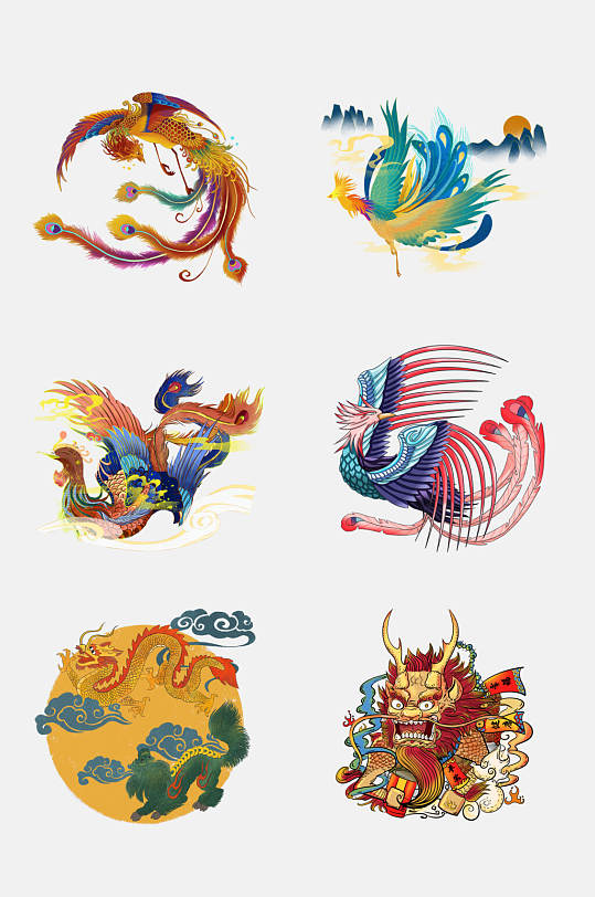 炫彩中国风中国传统神兽青龙白虎免抠元素