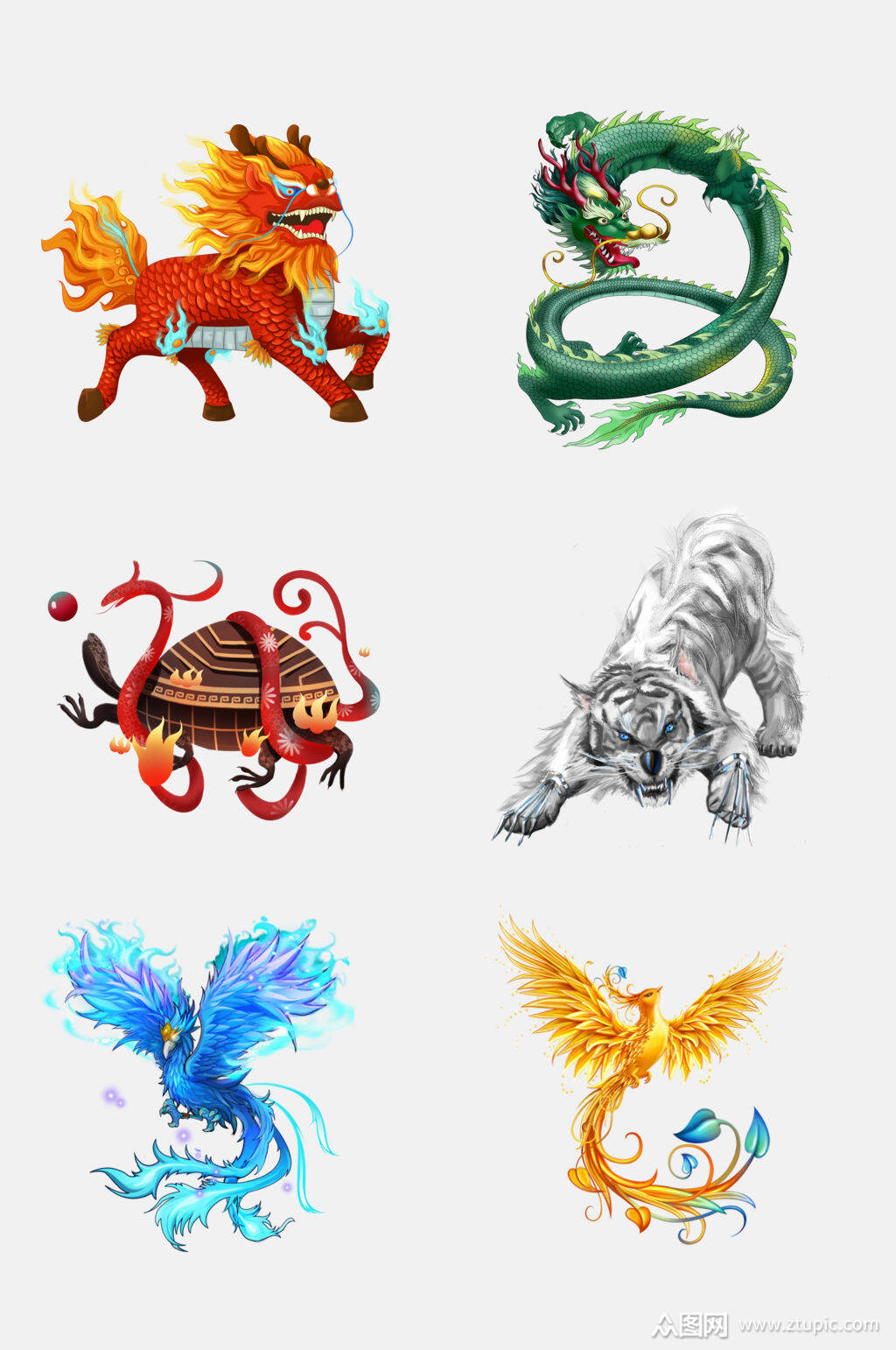 创意中国传统神兽青龙白虎免抠元素