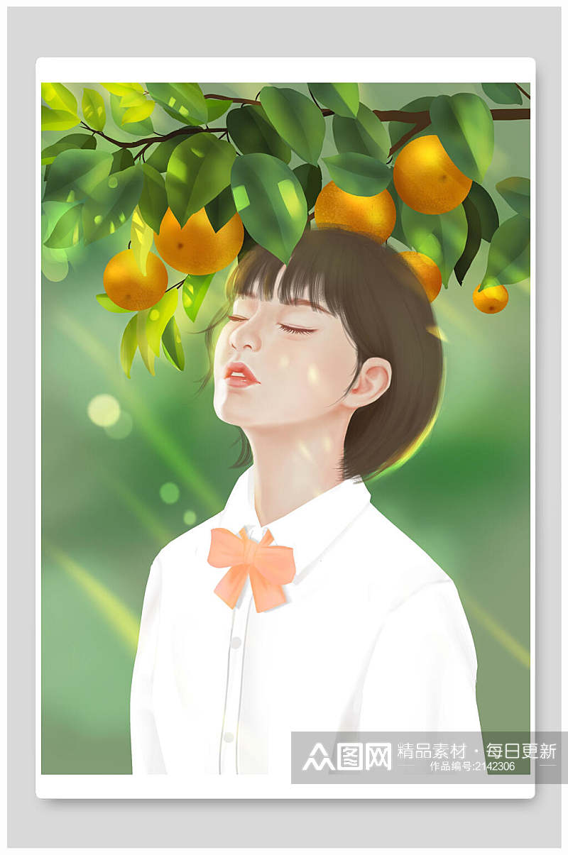 橘子树下的女孩夏日插画素材素材