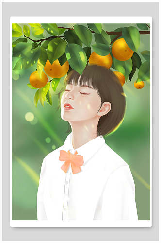 橘子树下的女孩夏日插画素材