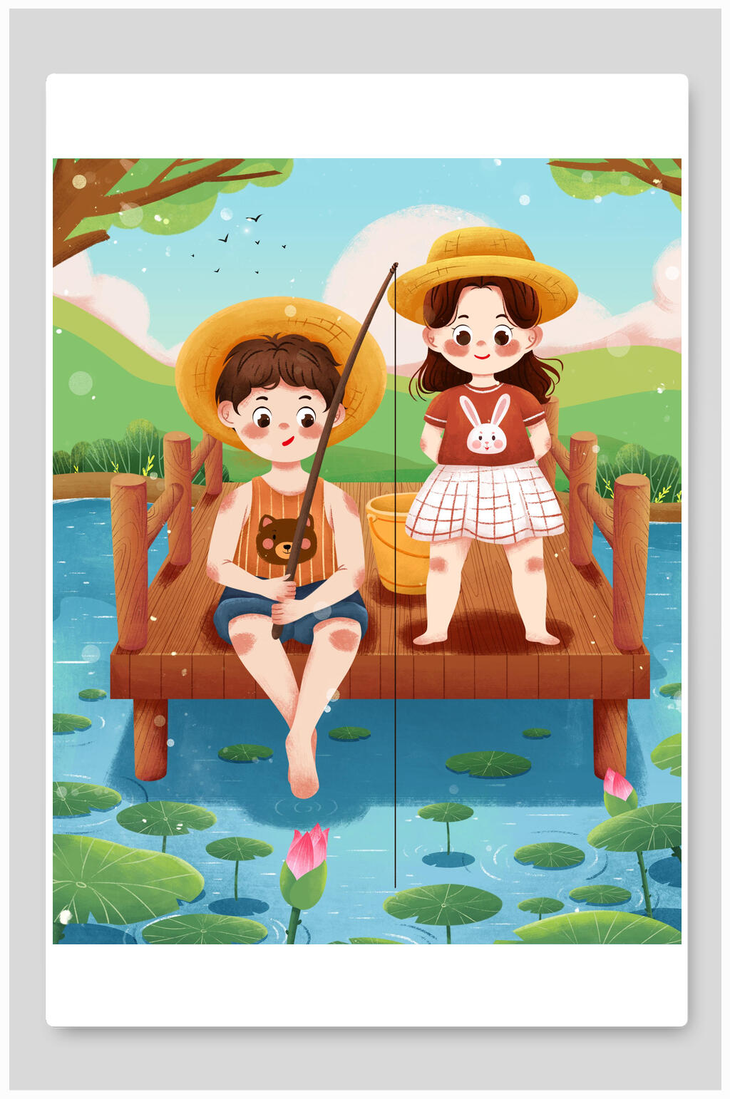 夏日钓鱼插画素材素材